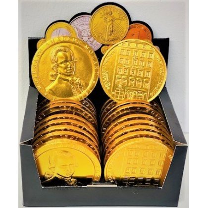 Milch-Schoko-Münzen, Format 100 mm, Mozart / Mozart Geburtshaus, Gold 